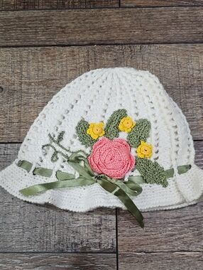 Handmade Crochet Floral Hat with Pink Rose and Green Ribbon Baby Toddler